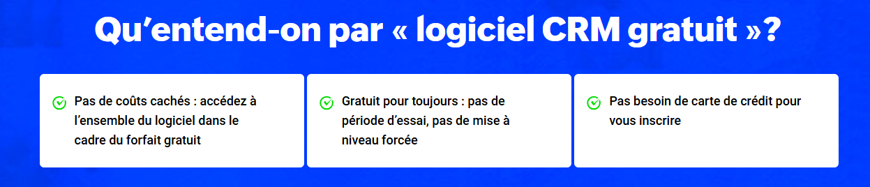 Extrait du site de Zoho.com qui propose trois points sur la version gratuite de zoho CRM
